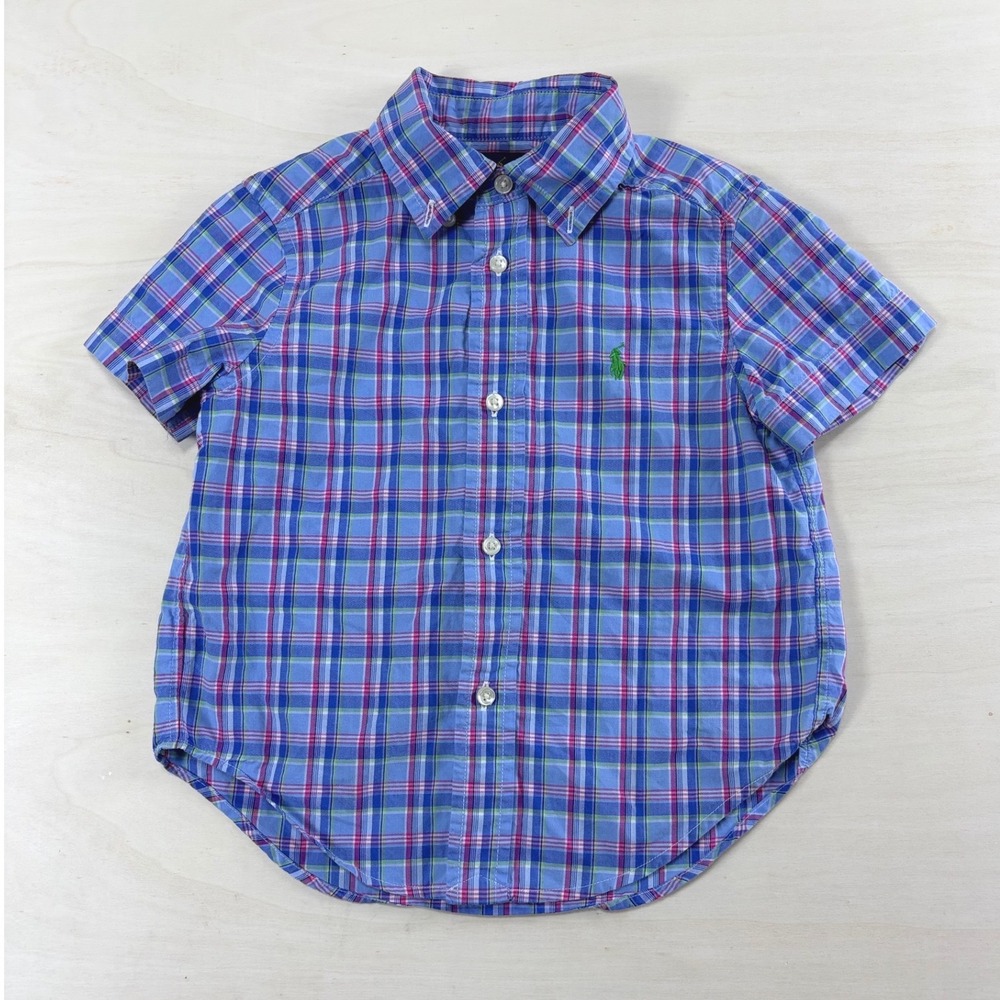 Ralph Lauren Toddler Boys Blue Pink Plaid Short Sleeve Button Down Shirt 2T